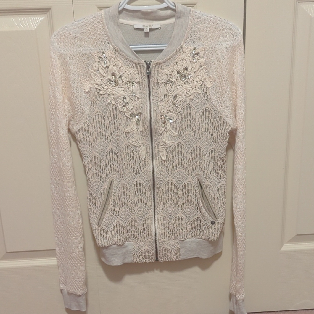 Miss Me Floral Lace Bomber Long Sleeve in Cream